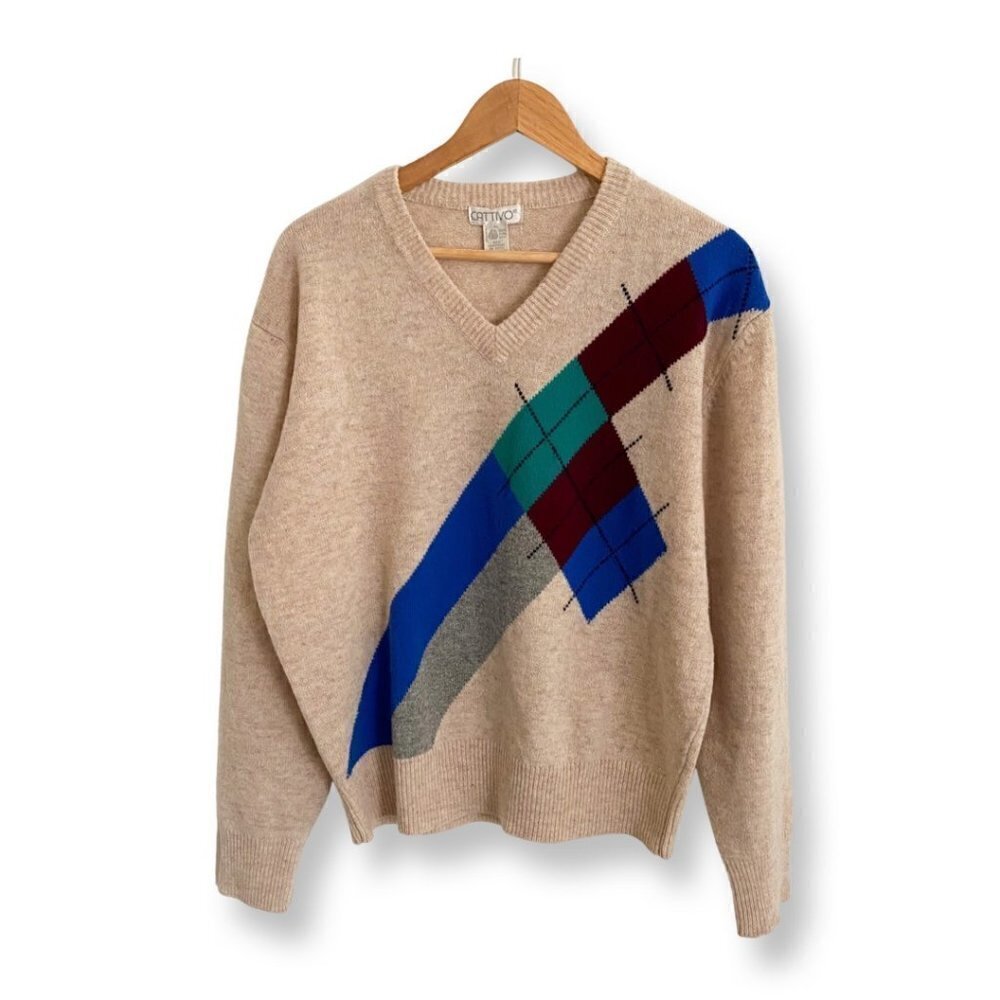 Vintage Cattivo Mens V Neck Large 100% Lambs Wool Sweater Beige Color Geometric